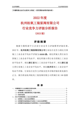 [专精特新]杭州杭氧工装泵阀有限公司行业竞争力评级分析报告(2023版)