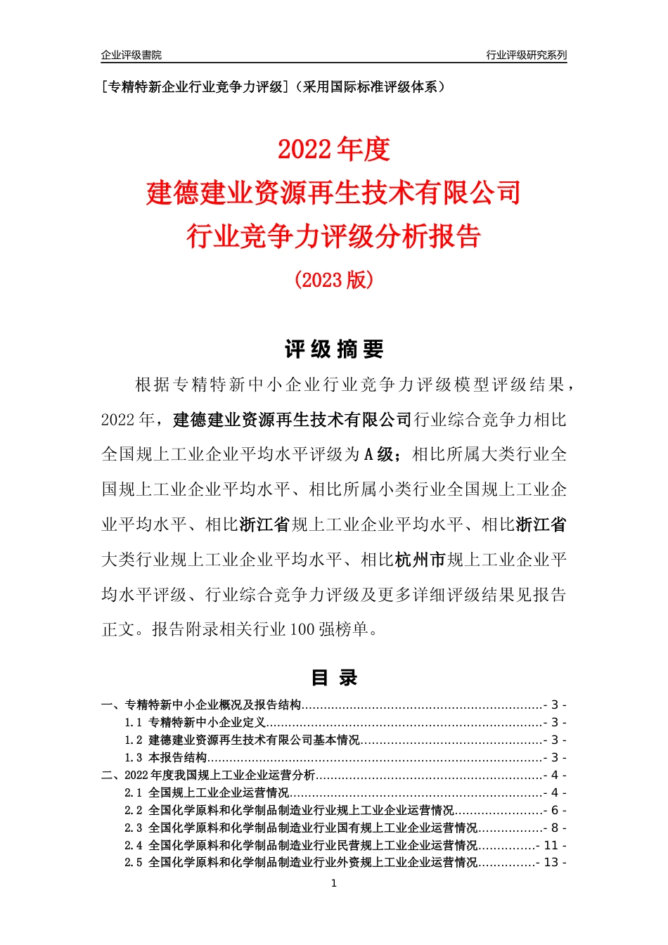 [专精特新]建德建业资源再生技术有限公司行业竞争力评级分析报告(2023版)_第1页