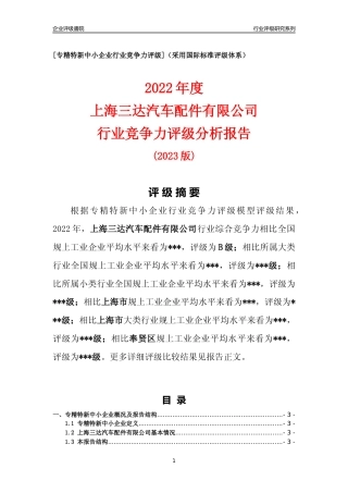 [专精特新]上海三达汽车配件有限公司行业竞争力评级分析报告(2023版)