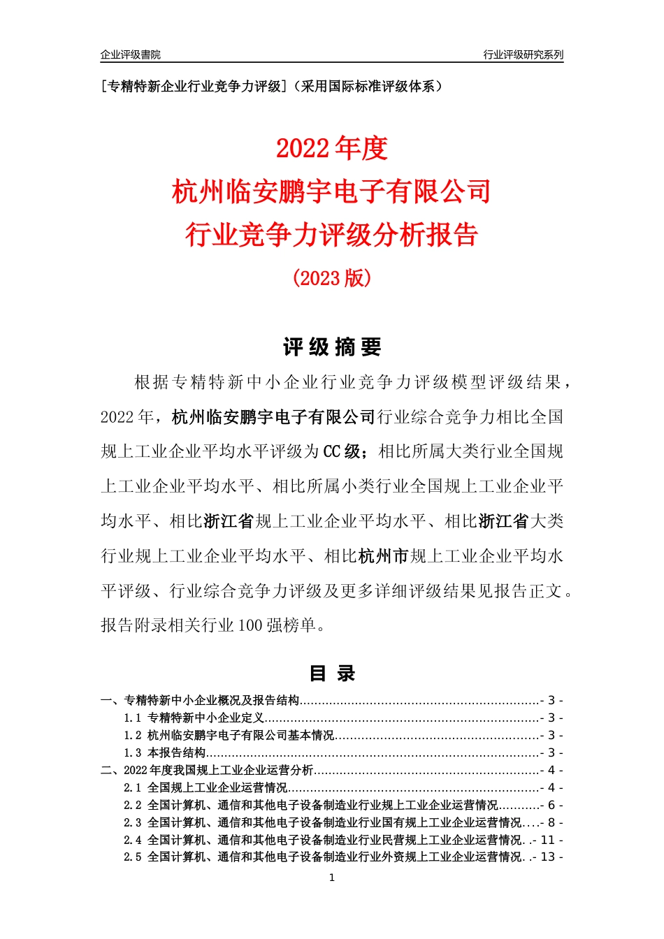 [专精特新]杭州临安鹏宇电子有限公司行业竞争力评级分析报告(2023版)_第1页