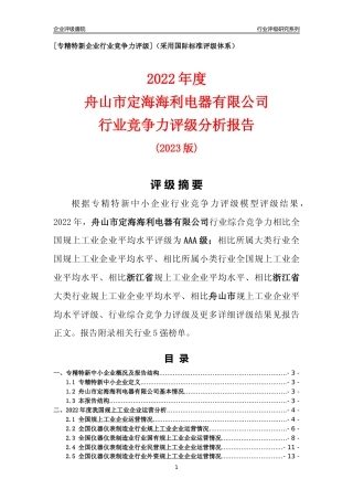 [专精特新]舟山市定海海利电器有限公司行业竞争力评级分析报告(2023版)