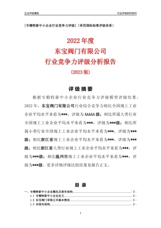 [专精特新]东宝阀门有限公司行业竞争力评级分析报告(2023版)