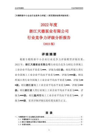 [专精特新]浙江天德泵业有限公司行业竞争力评级分析报告(2023版)